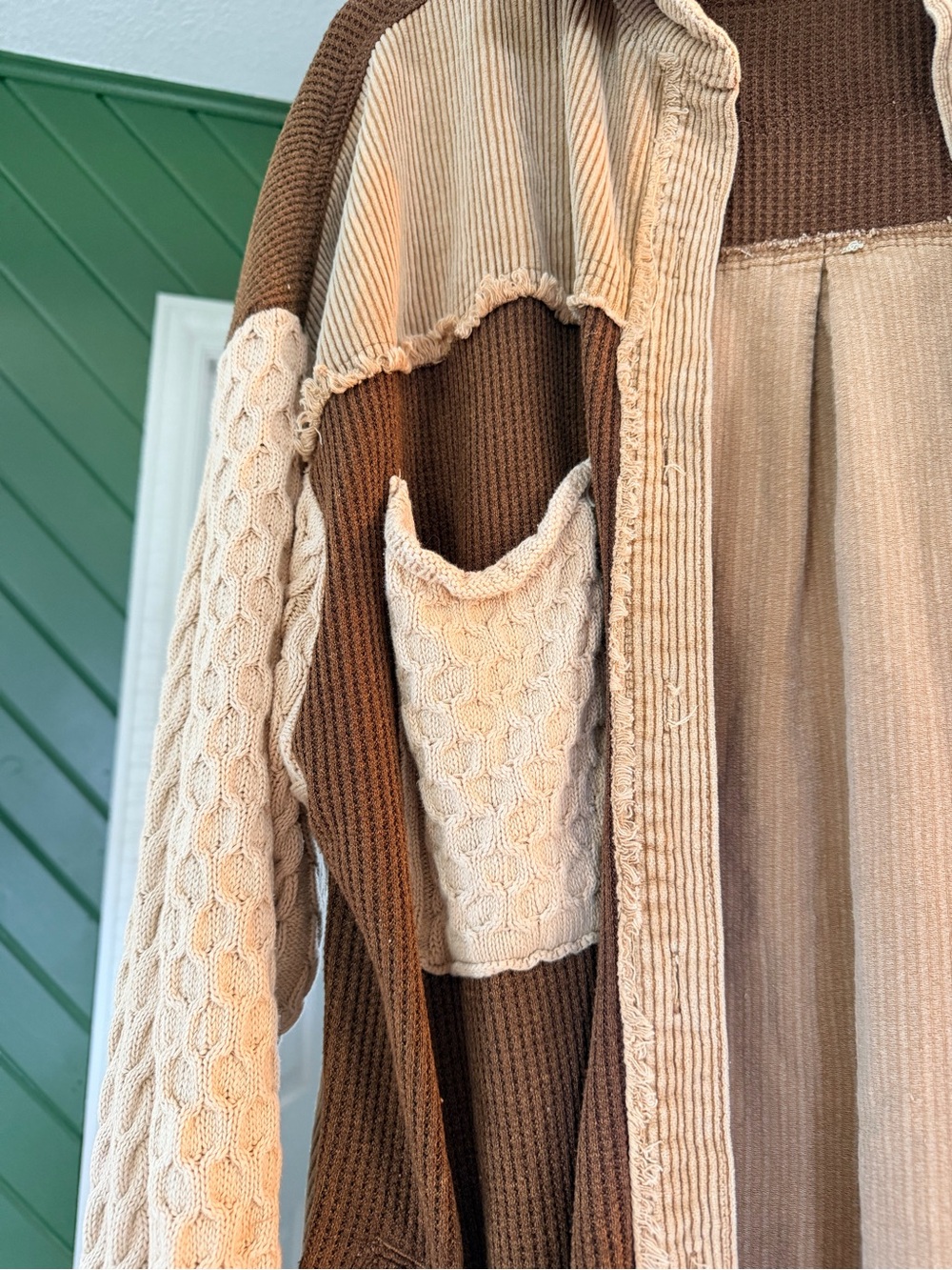 POL Two-Tone Corduroy & Cable Knit Shacket — Cream & Brown L - Picture 2 of 7